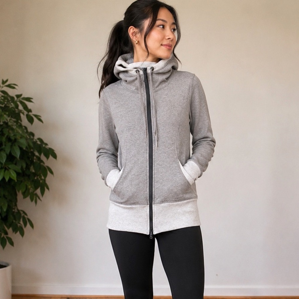 Lululemon Scuba Full Zip Hoodie Grey Heathered Thumbholes Size 4 Athletic Jacket